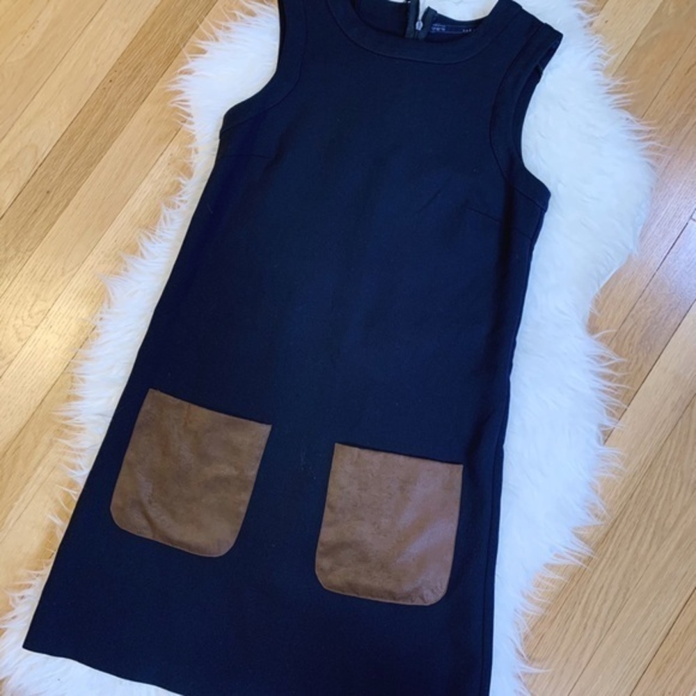 Zara Navy Sleeveless Dress with Suede Pockets